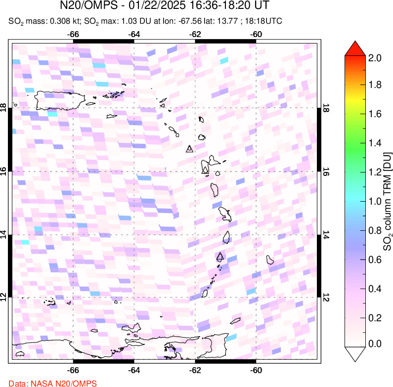 A sulfur dioxide image over Montserrat, West Indies on Jan 22, 2025.