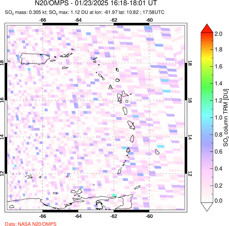 A sulfur dioxide image over Montserrat, West Indies on Jan 23, 2025.