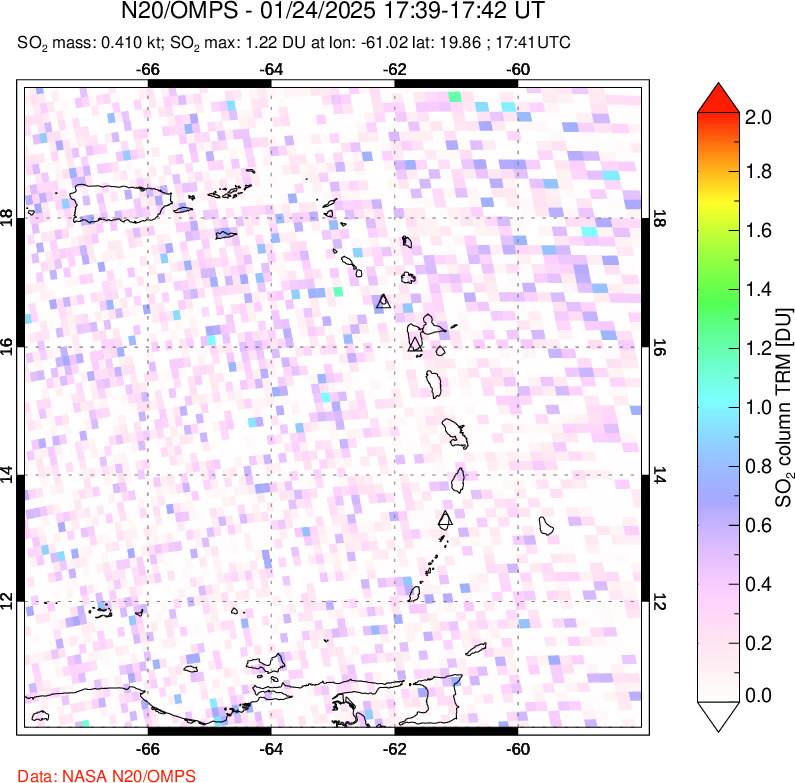 A sulfur dioxide image over Montserrat, West Indies on Jan 24, 2025.