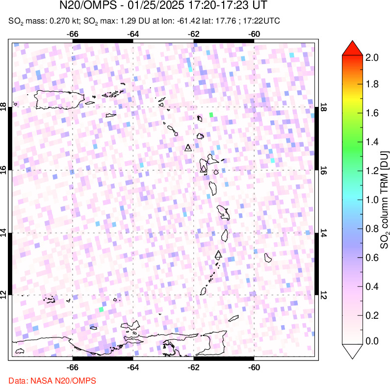 A sulfur dioxide image over Montserrat, West Indies on Jan 25, 2025.