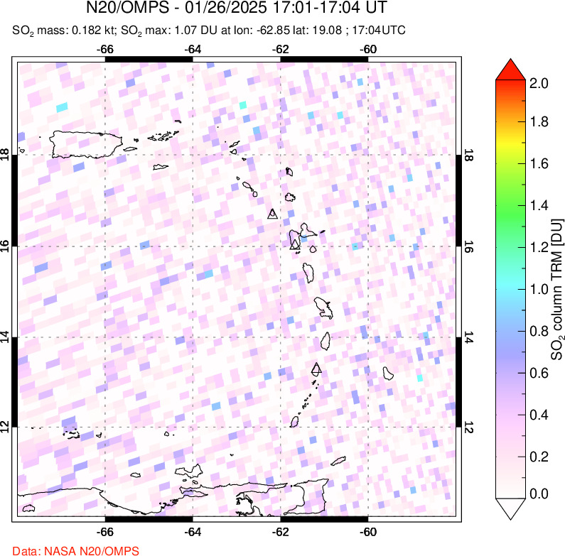 A sulfur dioxide image over Montserrat, West Indies on Jan 26, 2025.