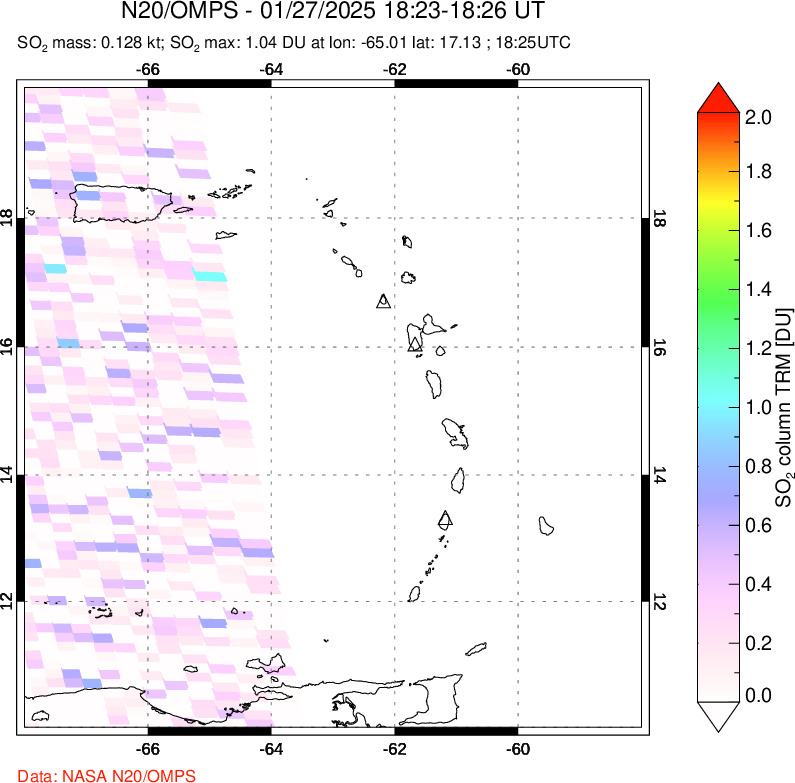 A sulfur dioxide image over Montserrat, West Indies on Jan 27, 2025.