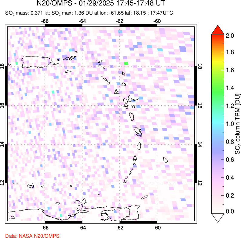 A sulfur dioxide image over Montserrat, West Indies on Jan 29, 2025.