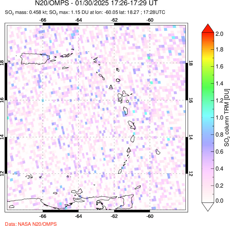 A sulfur dioxide image over Montserrat, West Indies on Jan 30, 2025.