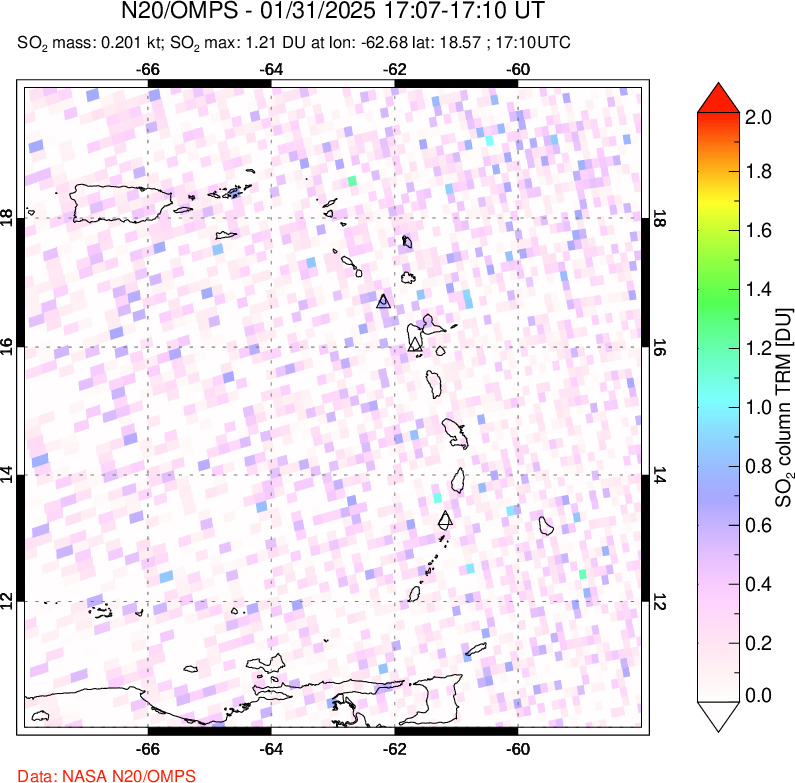 A sulfur dioxide image over Montserrat, West Indies on Jan 31, 2025.