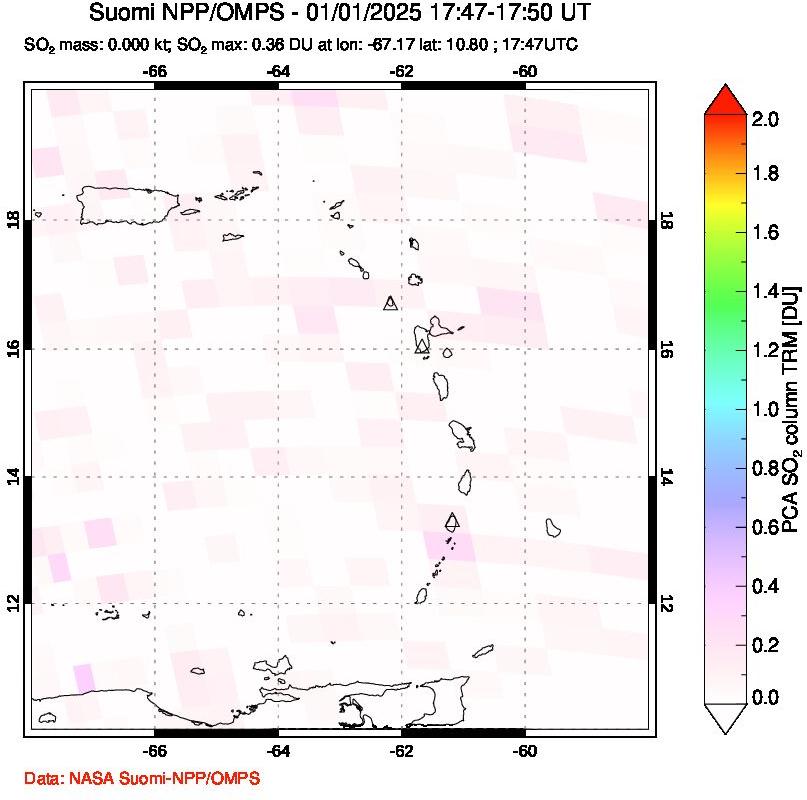 A sulfur dioxide image over Montserrat, West Indies on Jan 01, 2025.