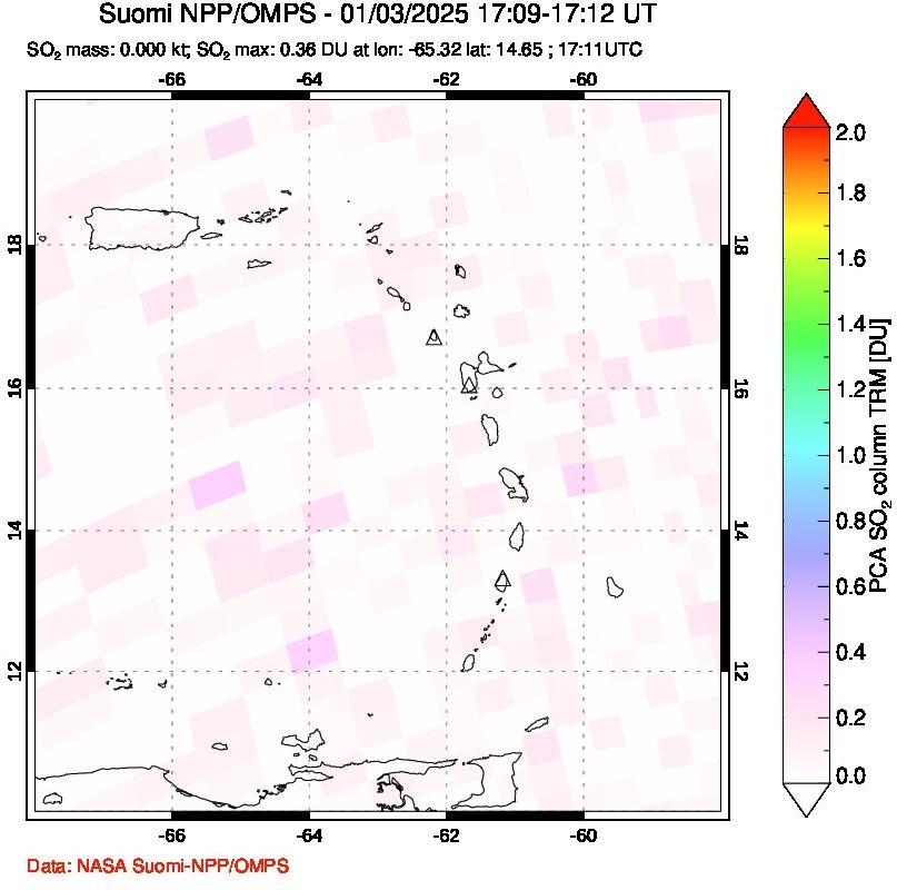 A sulfur dioxide image over Montserrat, West Indies on Jan 03, 2025.