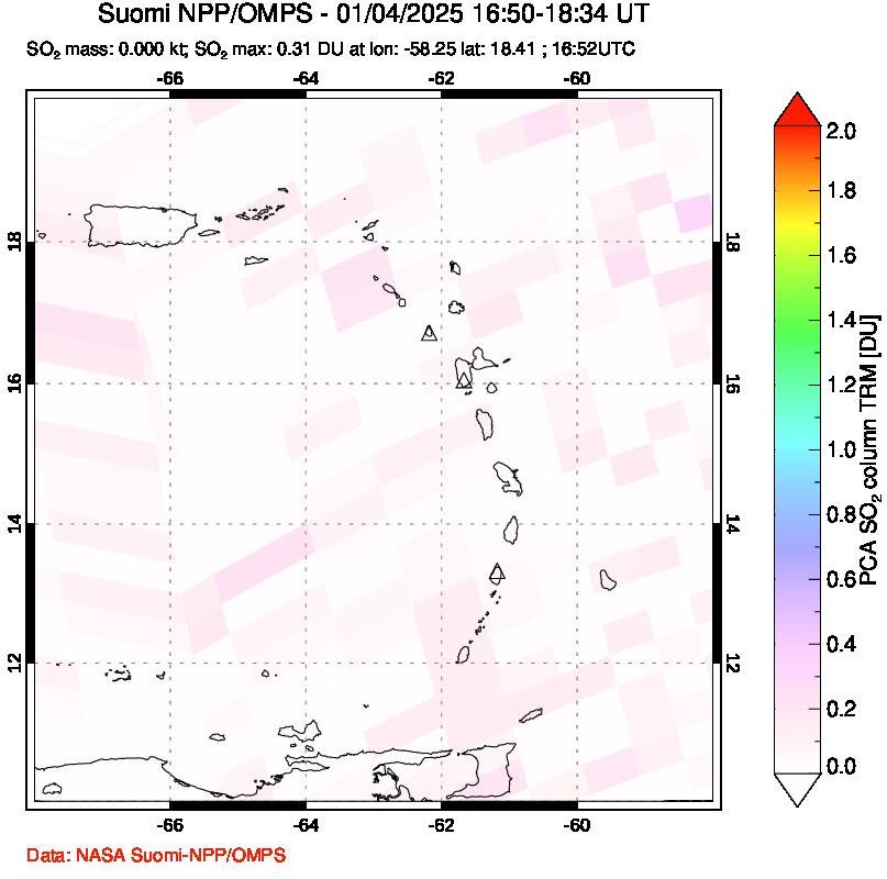 A sulfur dioxide image over Montserrat, West Indies on Jan 04, 2025.