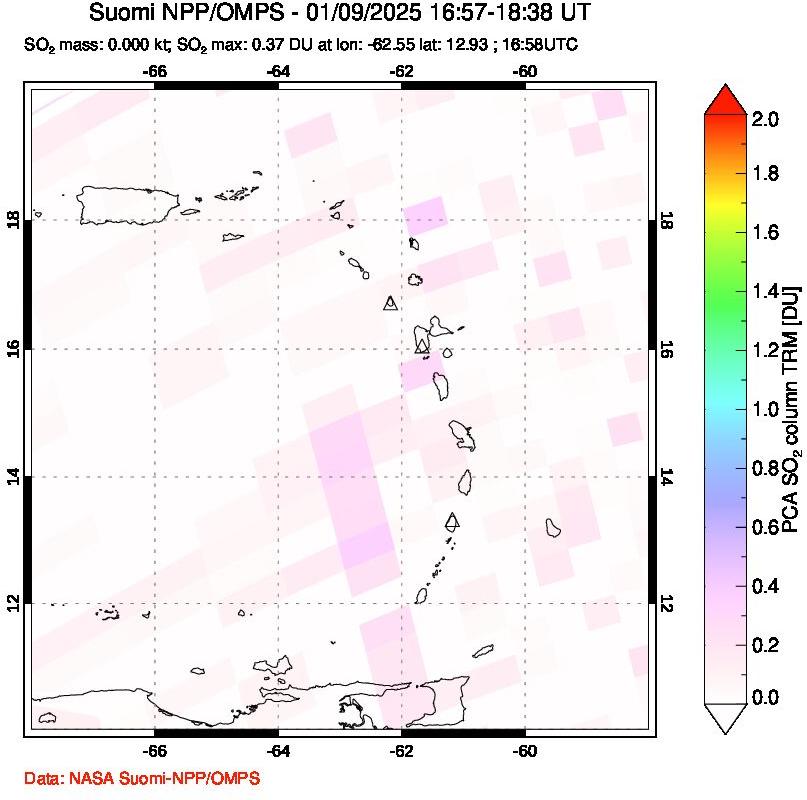 A sulfur dioxide image over Montserrat, West Indies on Jan 09, 2025.