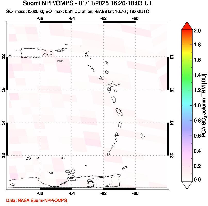 A sulfur dioxide image over Montserrat, West Indies on Jan 11, 2025.