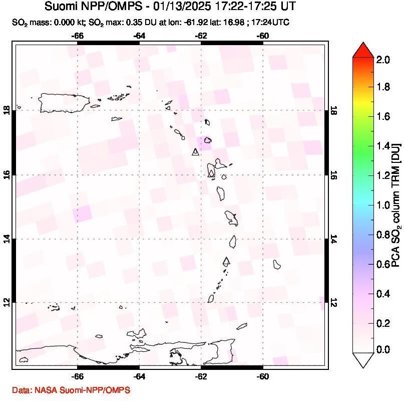 A sulfur dioxide image over Montserrat, West Indies on Jan 13, 2025.