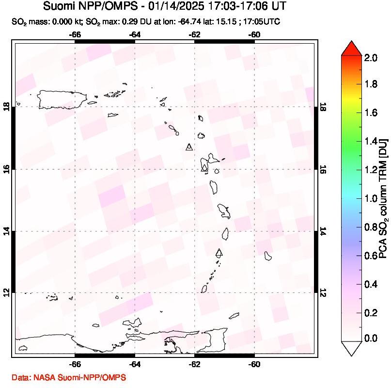 A sulfur dioxide image over Montserrat, West Indies on Jan 14, 2025.