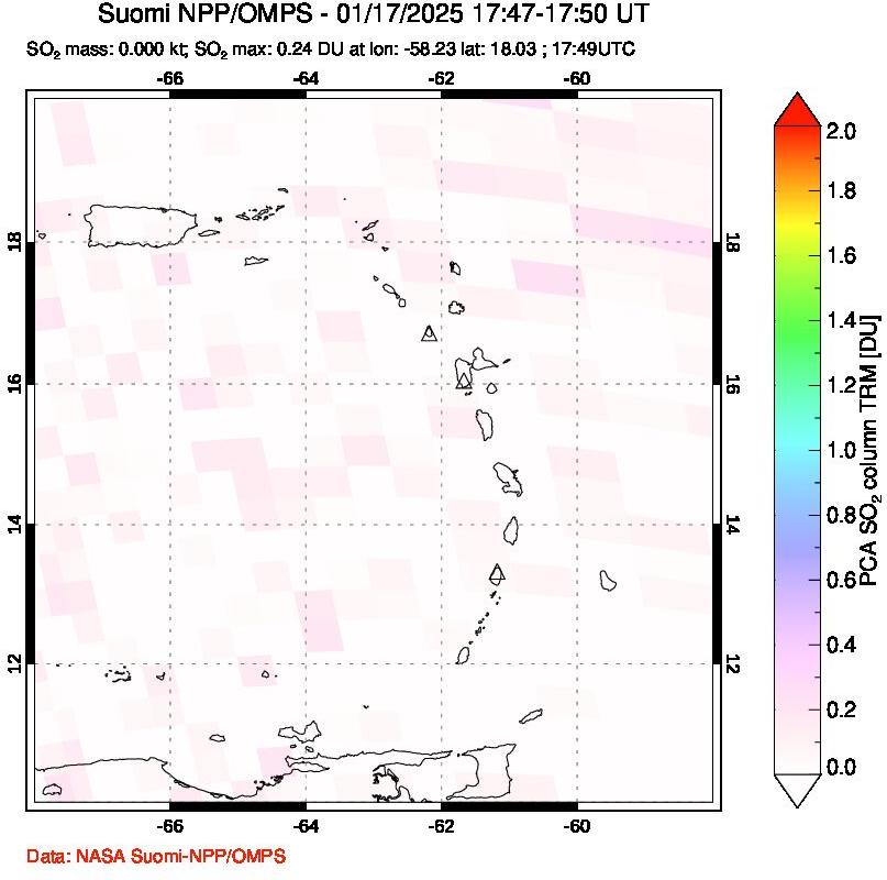 A sulfur dioxide image over Montserrat, West Indies on Jan 17, 2025.