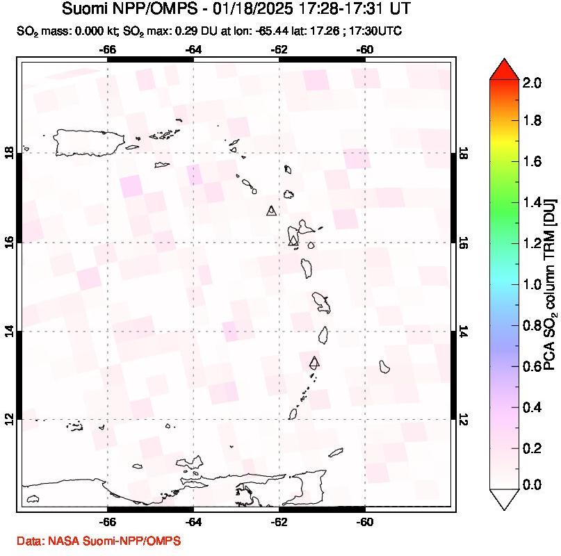 A sulfur dioxide image over Montserrat, West Indies on Jan 18, 2025.