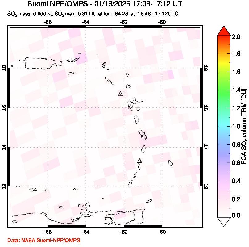 A sulfur dioxide image over Montserrat, West Indies on Jan 19, 2025.