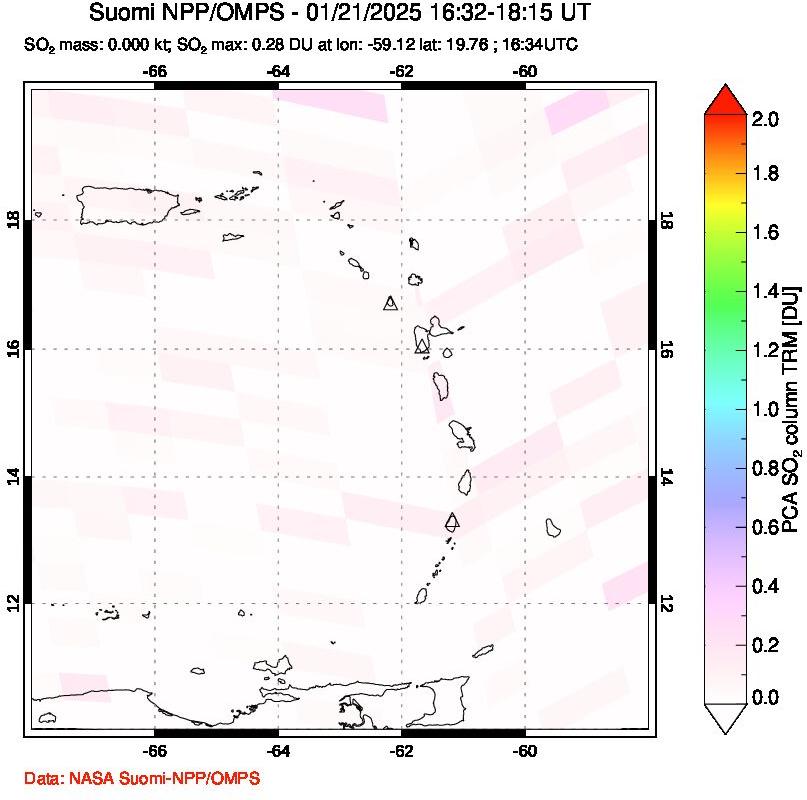 A sulfur dioxide image over Montserrat, West Indies on Jan 21, 2025.