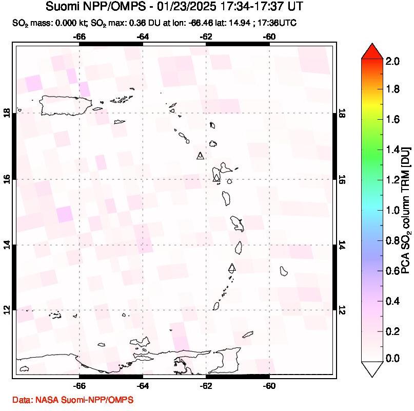 A sulfur dioxide image over Montserrat, West Indies on Jan 23, 2025.