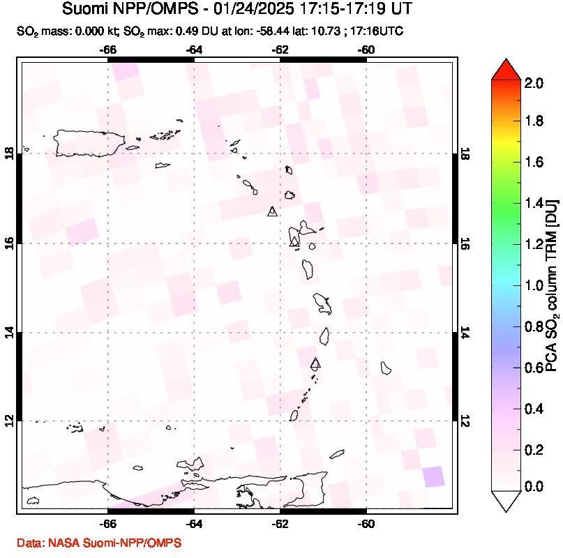 A sulfur dioxide image over Montserrat, West Indies on Jan 24, 2025.