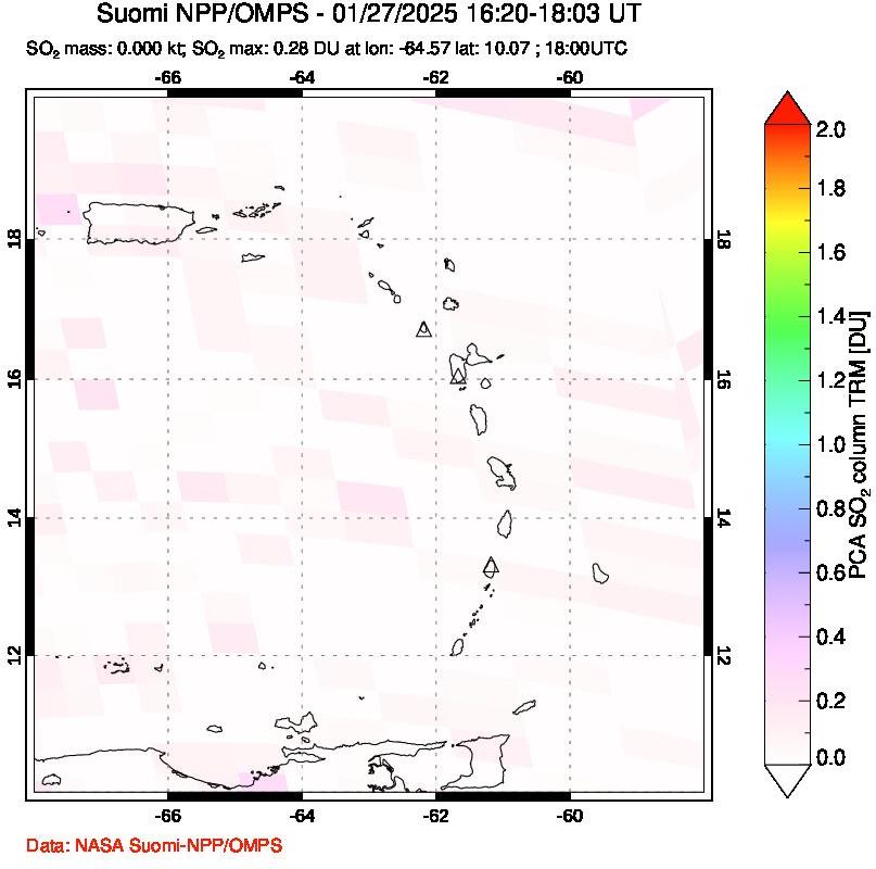 A sulfur dioxide image over Montserrat, West Indies on Jan 27, 2025.