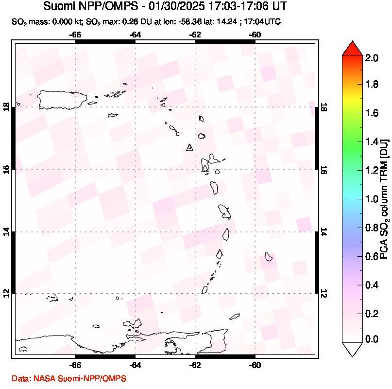 A sulfur dioxide image over Montserrat, West Indies on Jan 30, 2025.