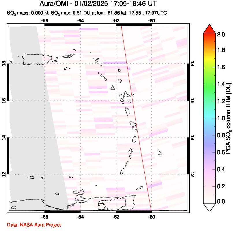 A sulfur dioxide image over Montserrat, West Indies on Jan 02, 2025.