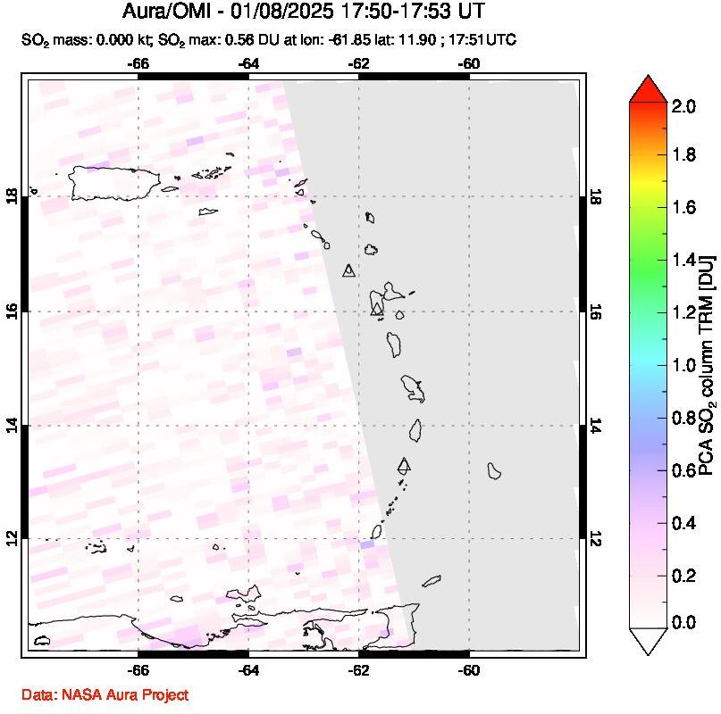 A sulfur dioxide image over Montserrat, West Indies on Jan 08, 2025.