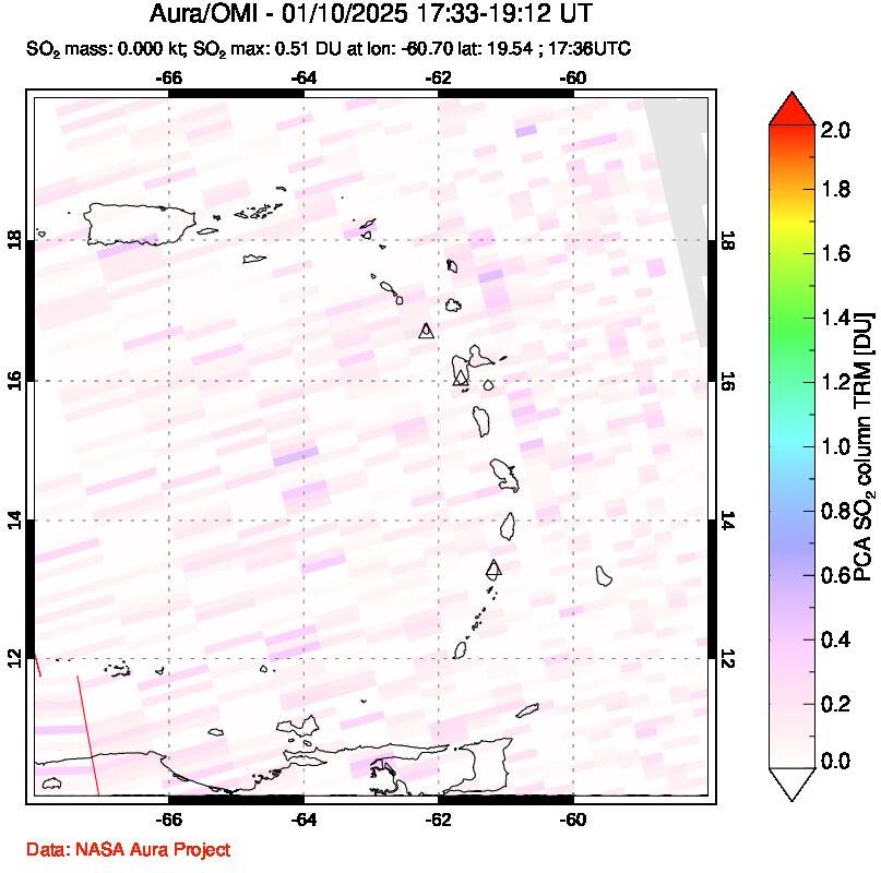 A sulfur dioxide image over Montserrat, West Indies on Jan 10, 2025.