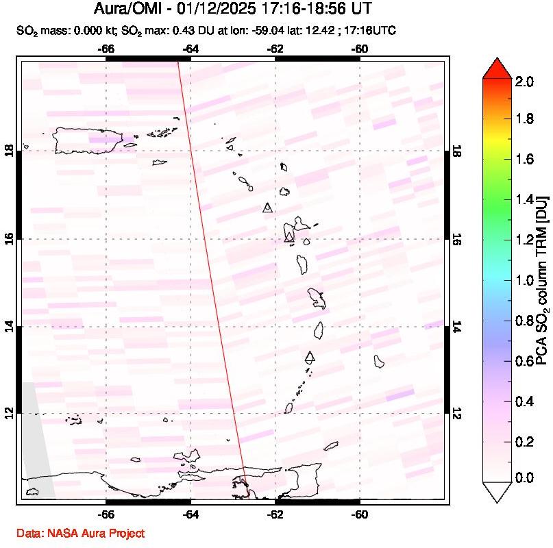 A sulfur dioxide image over Montserrat, West Indies on Jan 12, 2025.