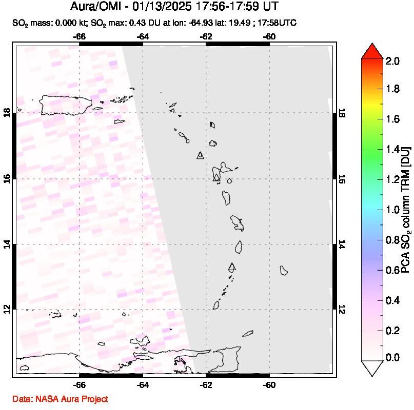 A sulfur dioxide image over Montserrat, West Indies on Jan 13, 2025.