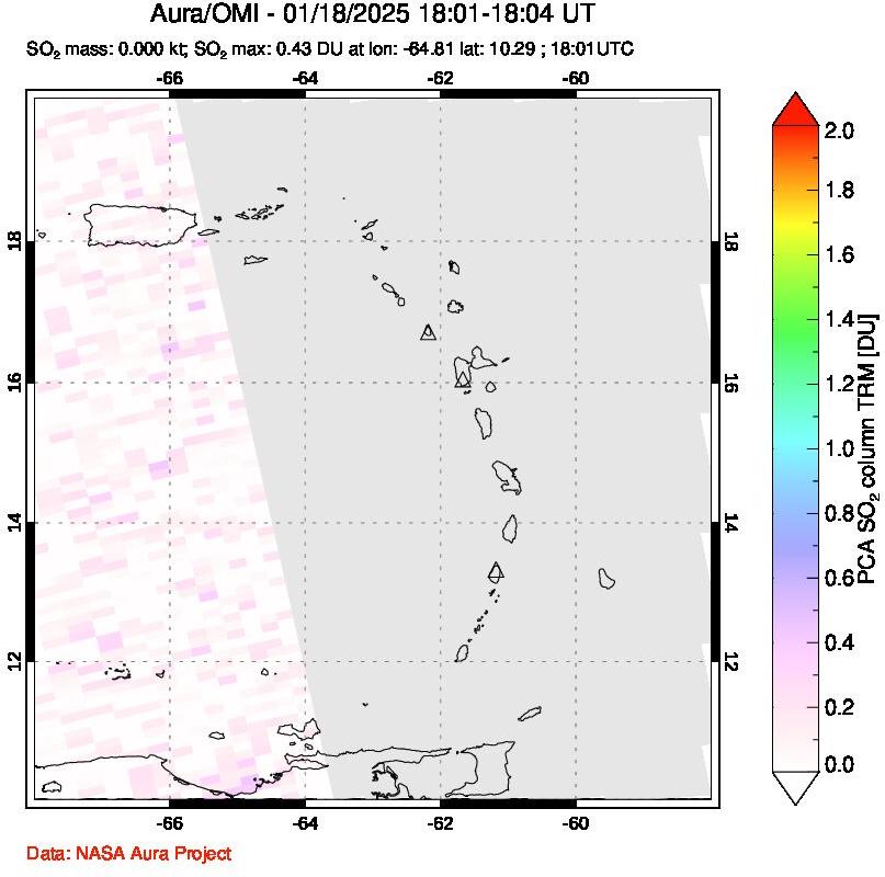 A sulfur dioxide image over Montserrat, West Indies on Jan 18, 2025.