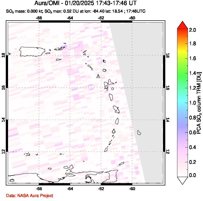 A sulfur dioxide image over Montserrat, West Indies on Jan 20, 2025.