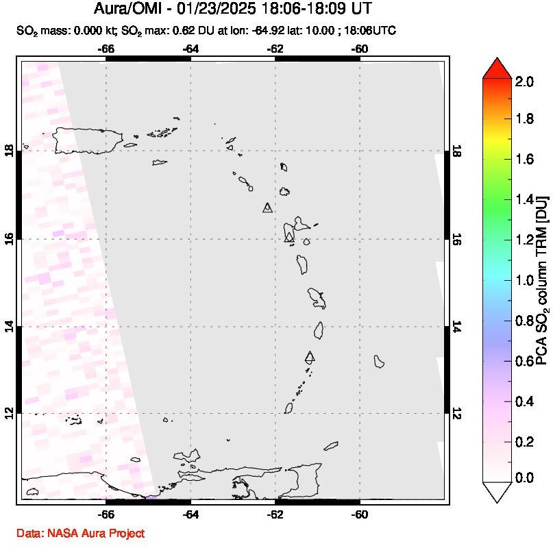 A sulfur dioxide image over Montserrat, West Indies on Jan 23, 2025.