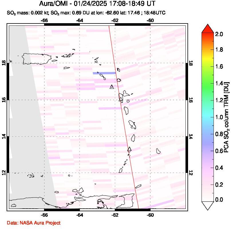 A sulfur dioxide image over Montserrat, West Indies on Jan 24, 2025.