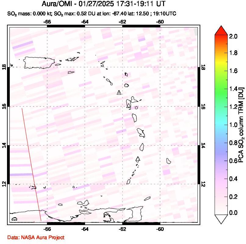 A sulfur dioxide image over Montserrat, West Indies on Jan 27, 2025.