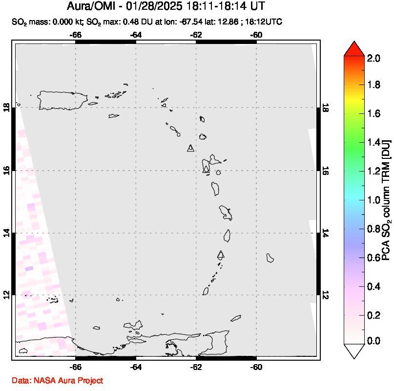 A sulfur dioxide image over Montserrat, West Indies on Jan 28, 2025.