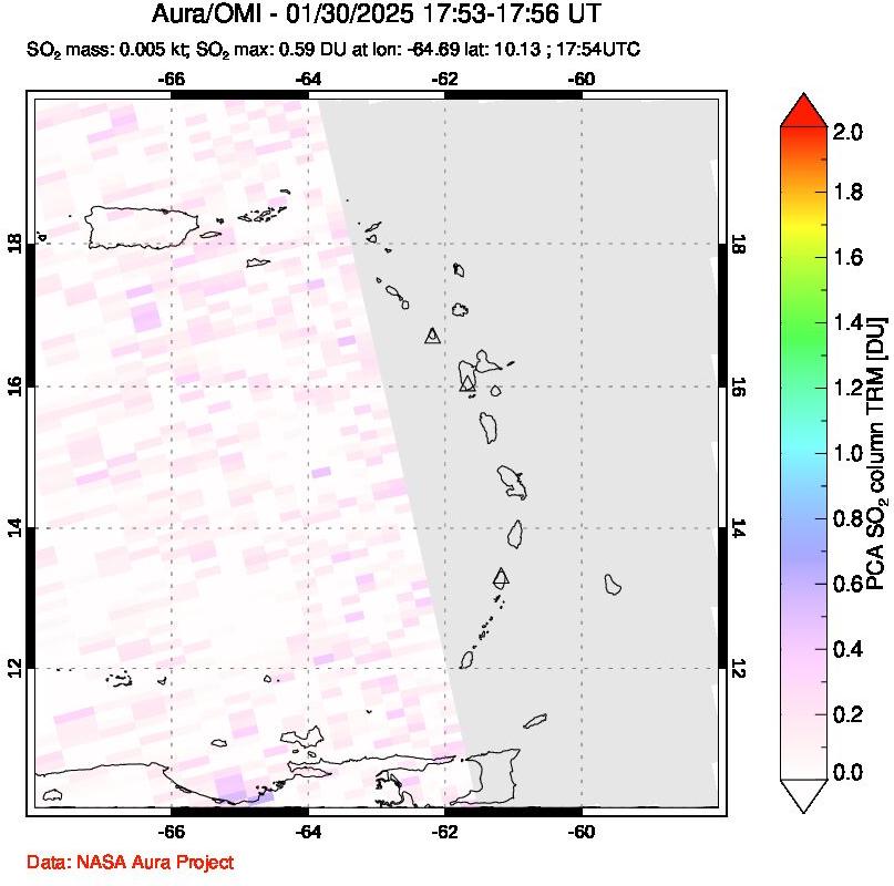 A sulfur dioxide image over Montserrat, West Indies on Jan 30, 2025.