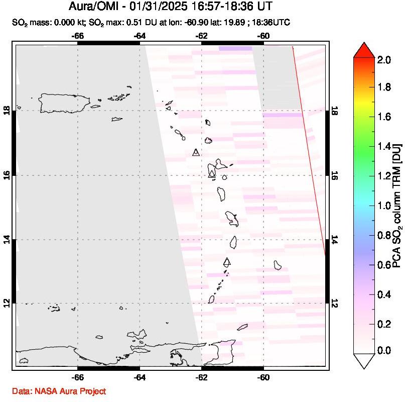 A sulfur dioxide image over Montserrat, West Indies on Jan 31, 2025.