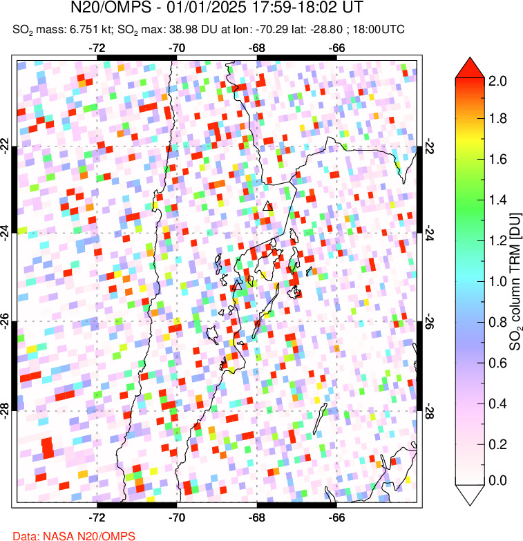 A sulfur dioxide image over Northern Chile on Jan 01, 2025.