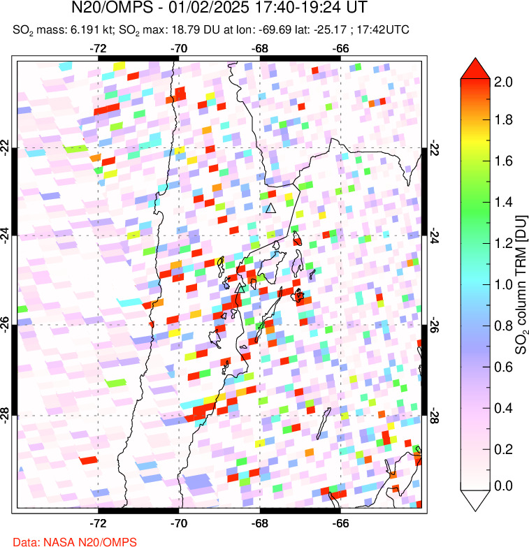 A sulfur dioxide image over Northern Chile on Jan 02, 2025.