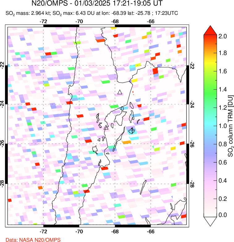 A sulfur dioxide image over Northern Chile on Jan 03, 2025.