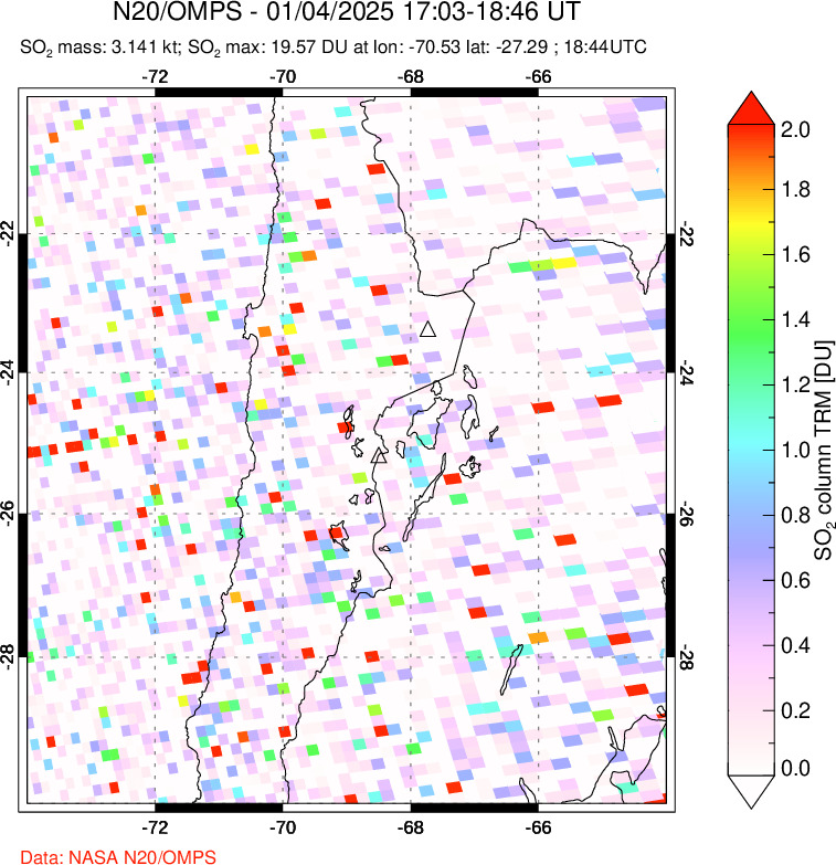 A sulfur dioxide image over Northern Chile on Jan 04, 2025.