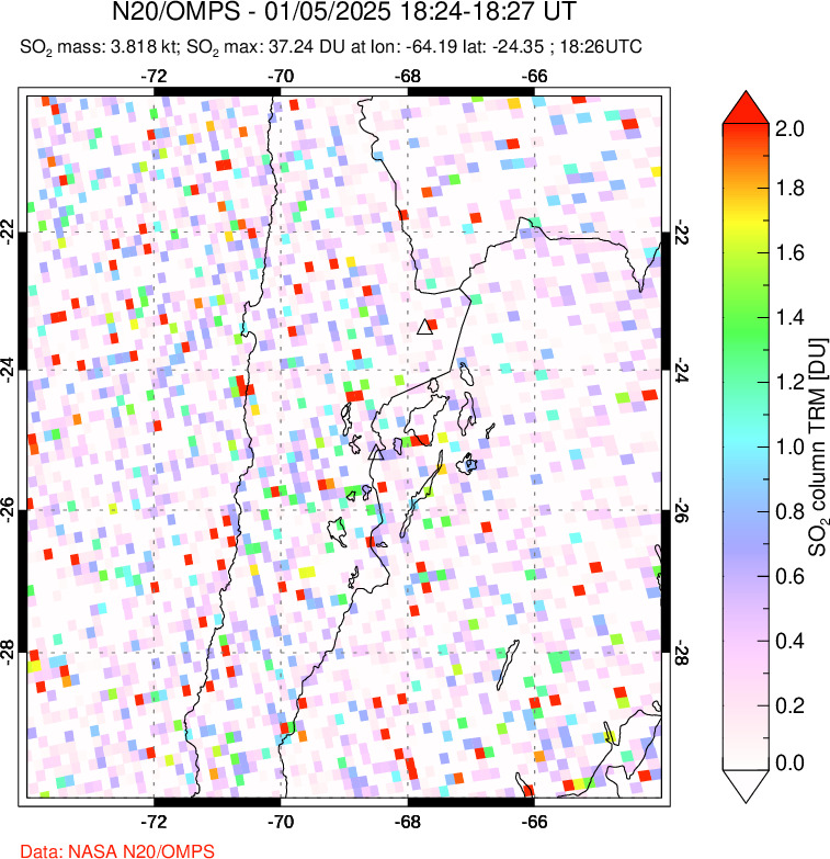 A sulfur dioxide image over Northern Chile on Jan 05, 2025.