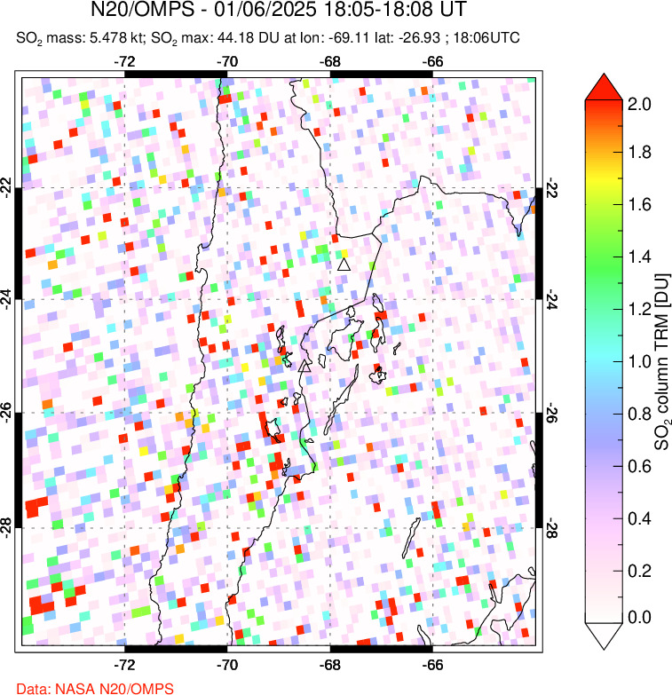 A sulfur dioxide image over Northern Chile on Jan 06, 2025.