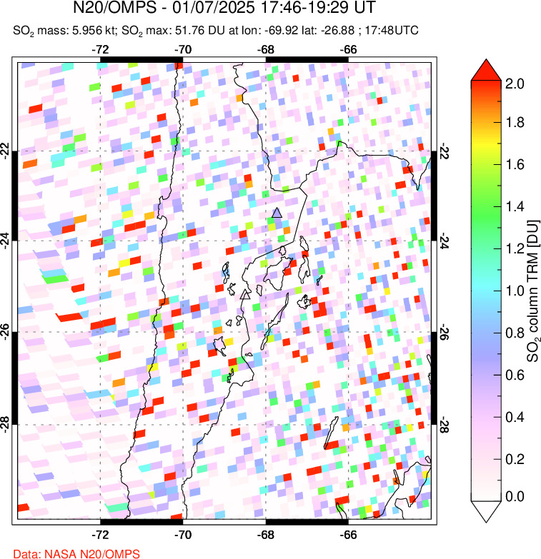 A sulfur dioxide image over Northern Chile on Jan 07, 2025.