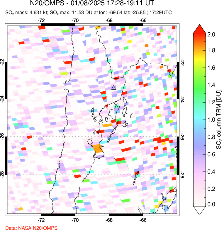 A sulfur dioxide image over Northern Chile on Jan 08, 2025.