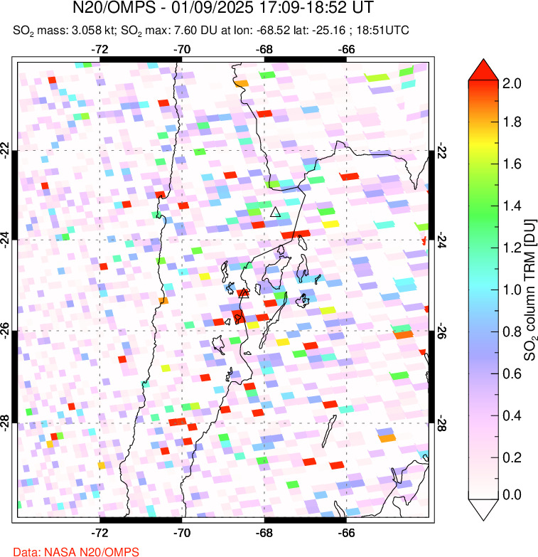 A sulfur dioxide image over Northern Chile on Jan 09, 2025.