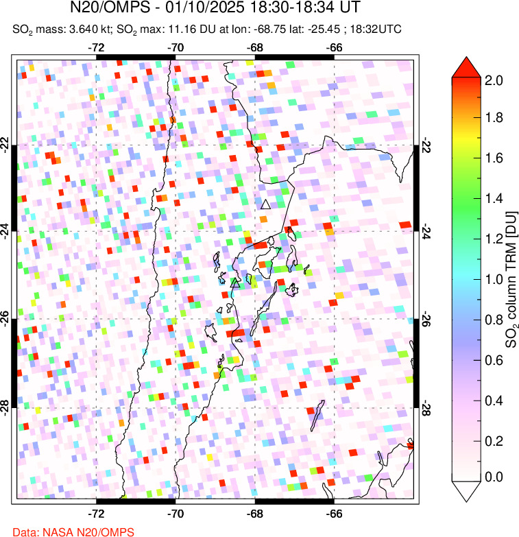 A sulfur dioxide image over Northern Chile on Jan 10, 2025.