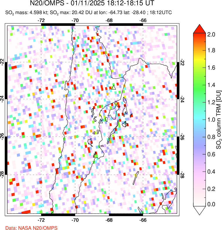 A sulfur dioxide image over Northern Chile on Jan 11, 2025.