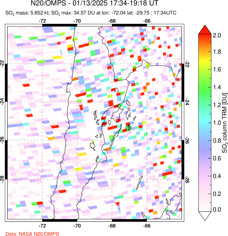 A sulfur dioxide image over Northern Chile on Jan 13, 2025.