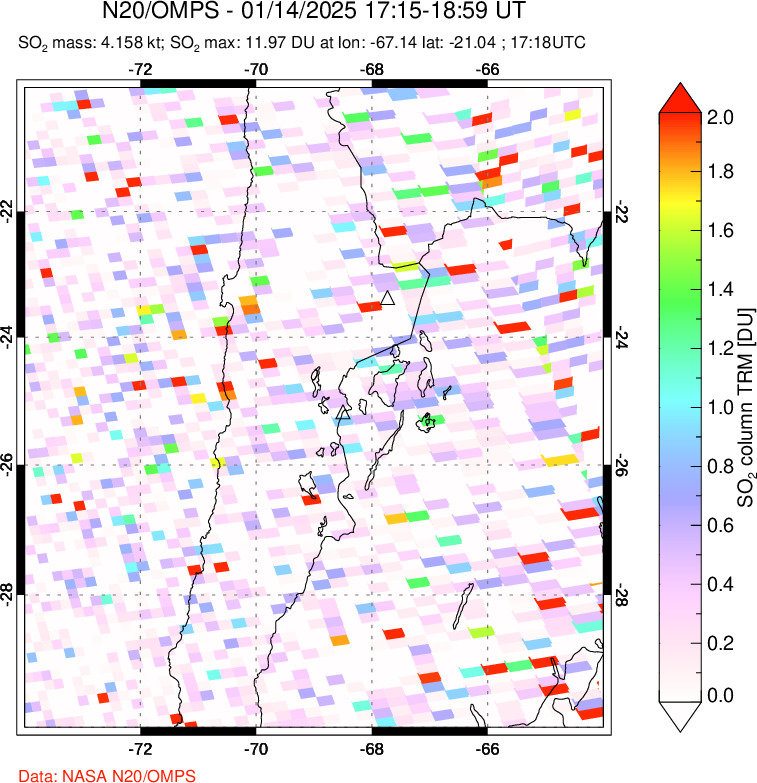 A sulfur dioxide image over Northern Chile on Jan 14, 2025.